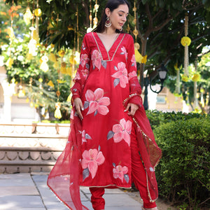 Raspberry Blush Red Handpainted Satin Suit Set