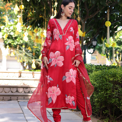 Raspberry Blush Red Handpainted Satin Suit Set
