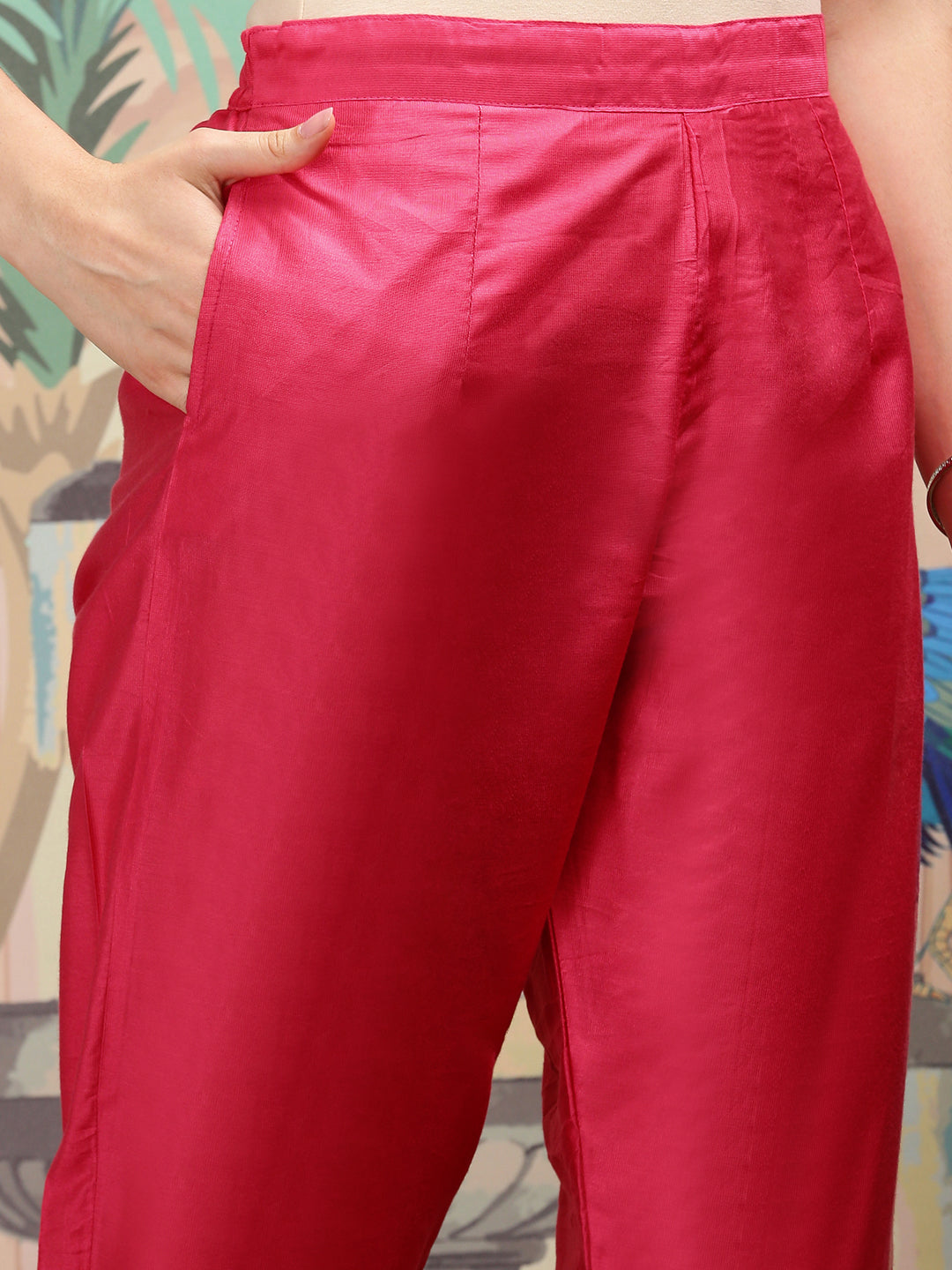 Floral Printed Round Neck Mirror Work Straight Kurta with Trousers & Dupatta