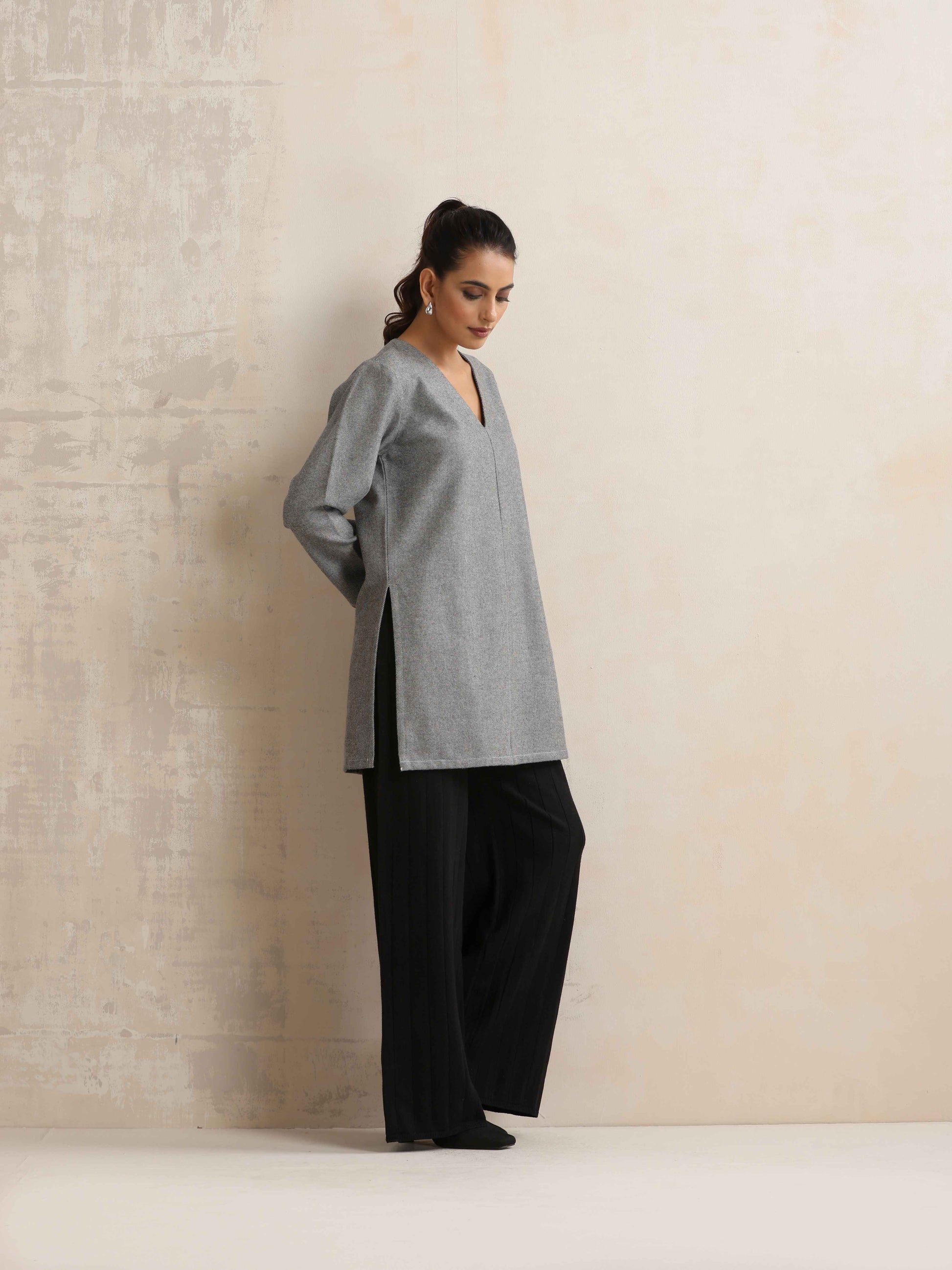 trueBrowns Grey Woollen High Slit Kurta