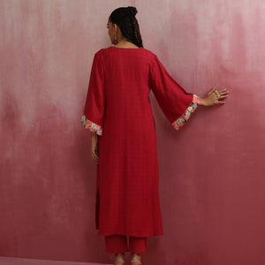 trueBrowns Red Straight Cotton Dobby Kurta Set