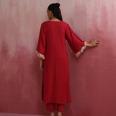 trueBrowns Red Straight Cotton Dobby Kurta Set