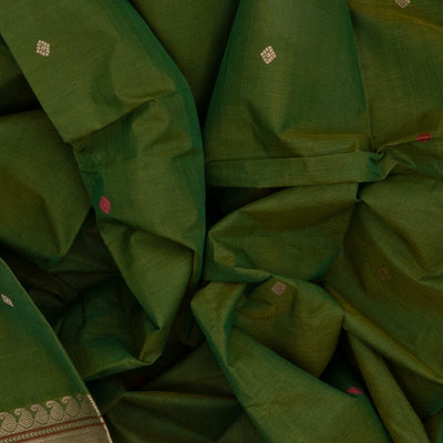 Leafy Green Handloom Kanchi Cotton Saree With Diamond Motifs