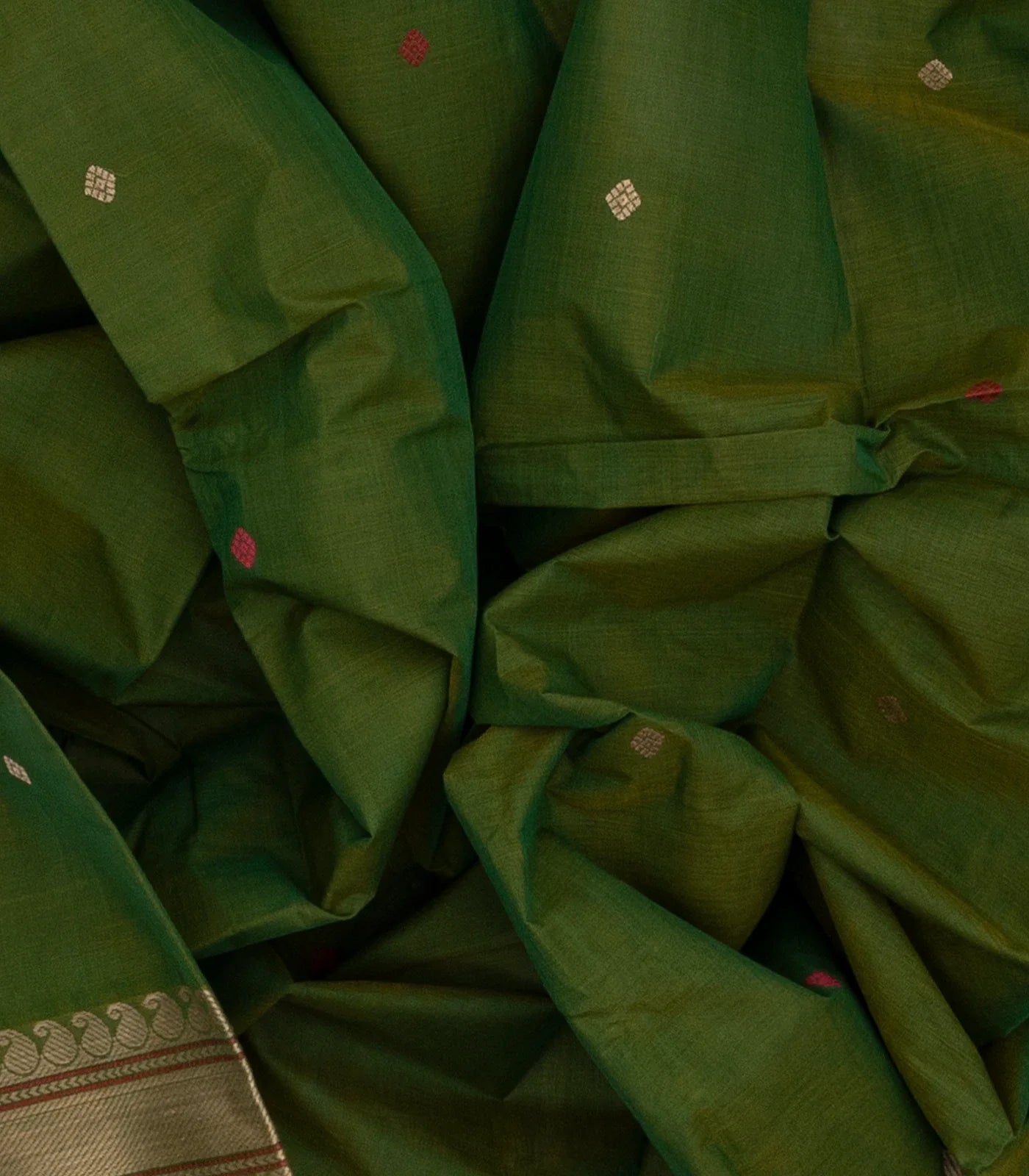Leafy Green Handloom Kanchi Cotton Saree With Diamond Motifs