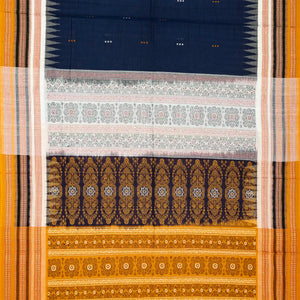 Dark Blue Handloom Orissa Cotton Saree With Mustard Tie & Dye Pallu