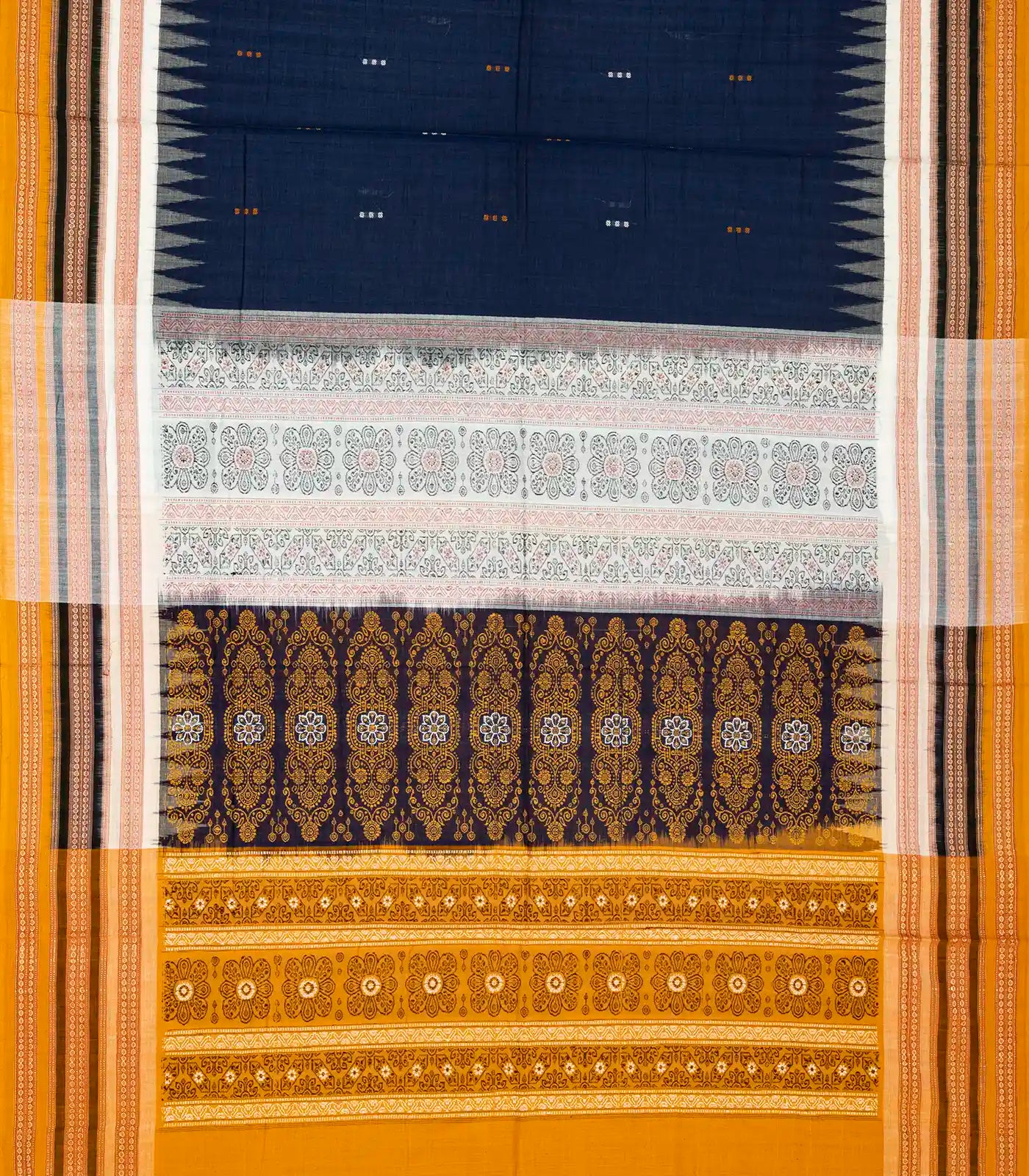 Dark Blue Handloom Orissa Cotton Saree With Mustard Tie & Dye Pallu