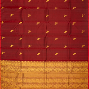 Crimson Handloom Kanchipuram Silk Saree With Deer Zari Buttas