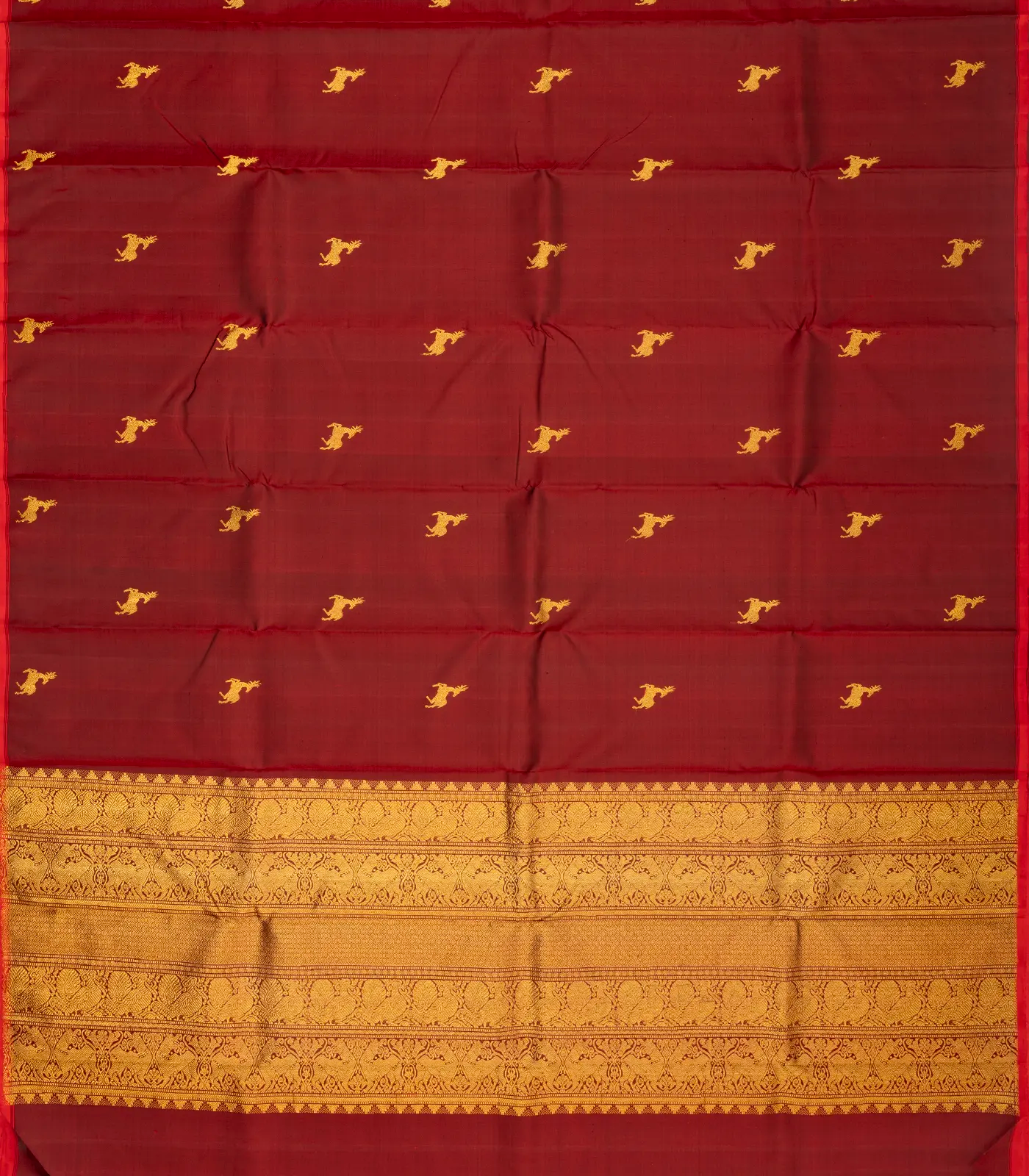Crimson Handloom Kanchipuram Silk Saree With Deer Zari Buttas