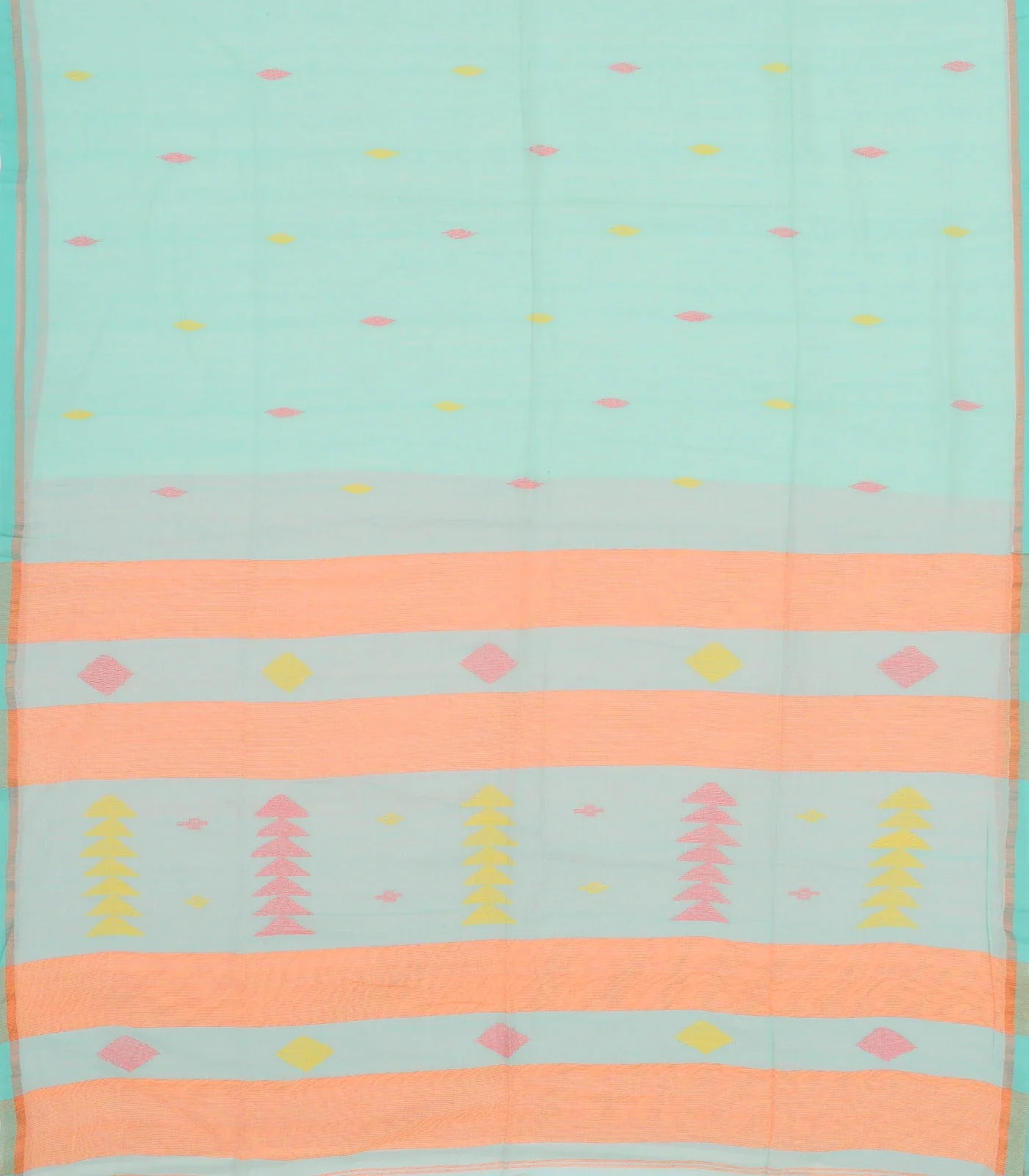 Turquoise Bengal Cotton Saree And Diamond Motifs