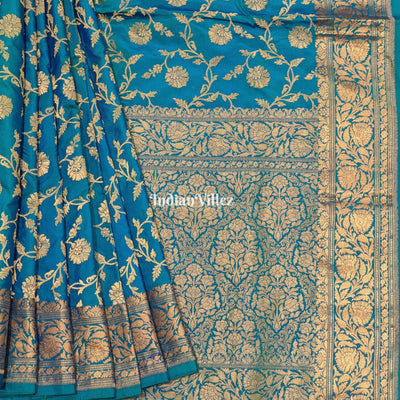 Sky Blue Floral Banarasi Katan Silk Saree