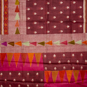 Maroon Handloom Tussar Silk Saree With Printed & Embroidered Triangle Motifs