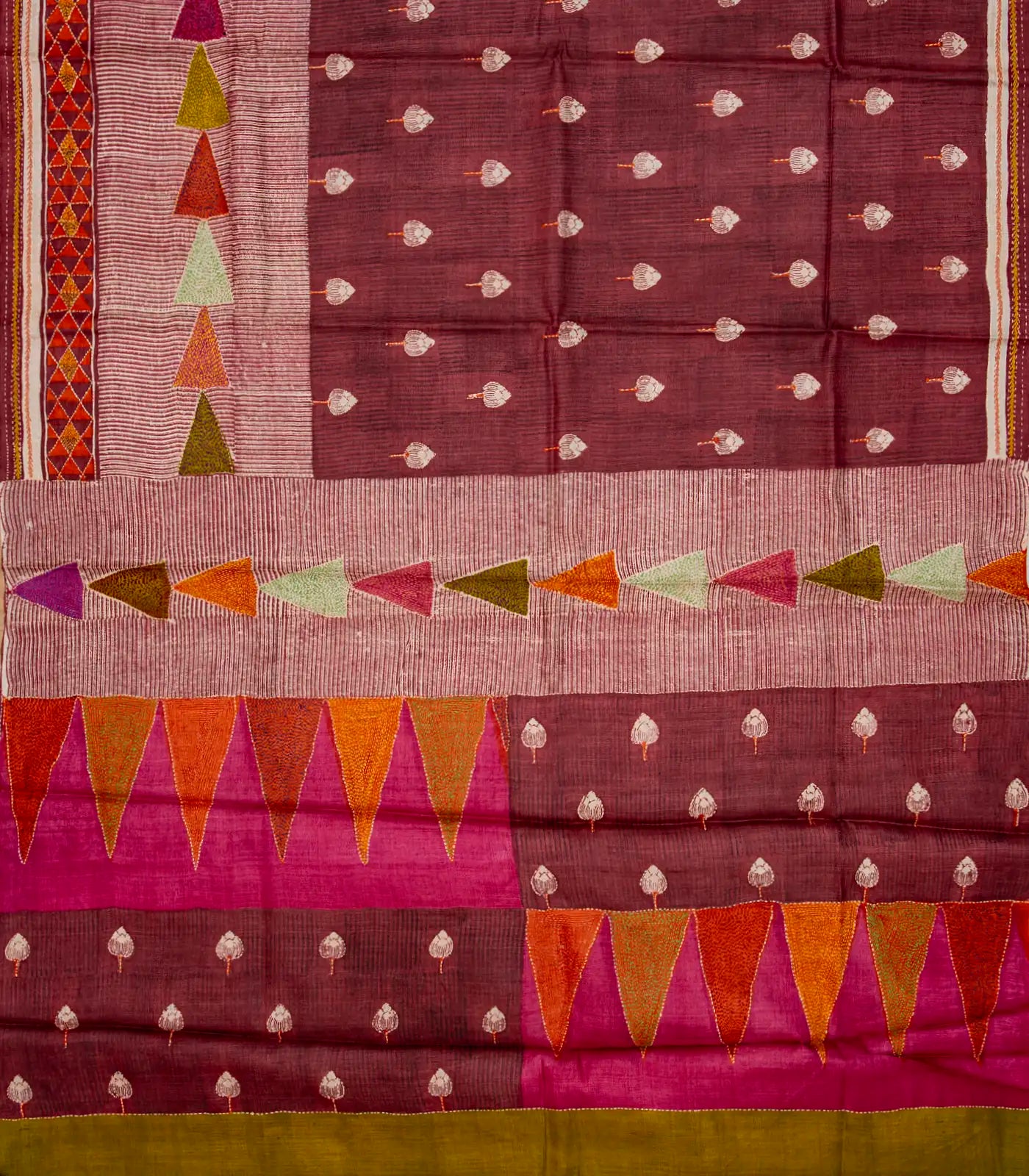 Maroon Handloom Tussar Silk Saree With Printed & Embroidered Triangle Motifs