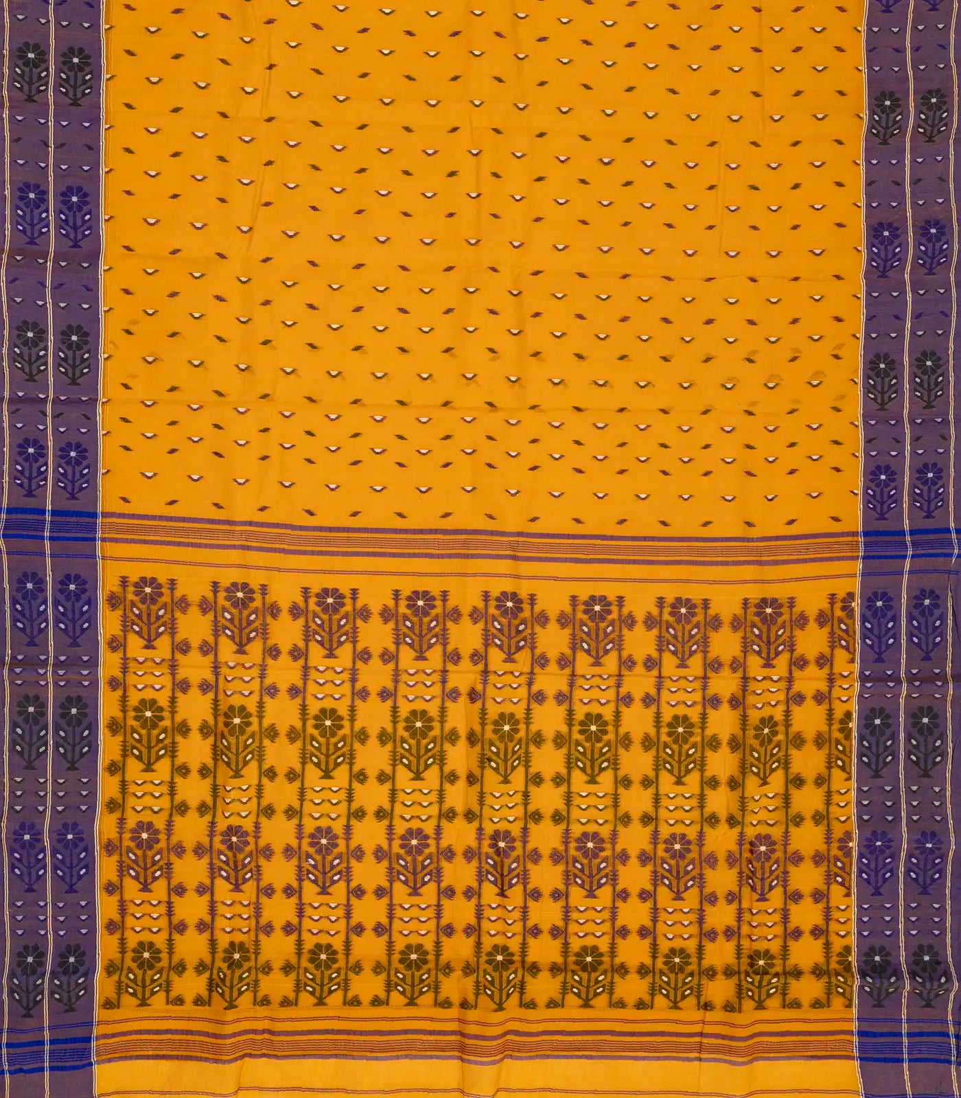 Mustard Bengal Cotton Saree With Triangle Motifs