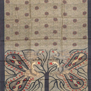 Grey Handloom Printed Tussar Silk Saree With Peacock Pallu-Grey