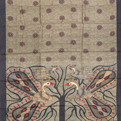 Grey Handloom Printed Tussar Silk Saree With Peacock Pallu-Grey