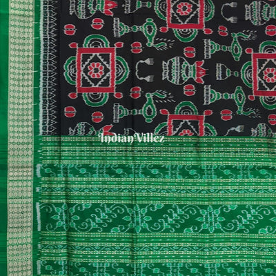 Black Green Kumbha Design With Patli Exclusive Sambalpuri Ikat Silk Saree