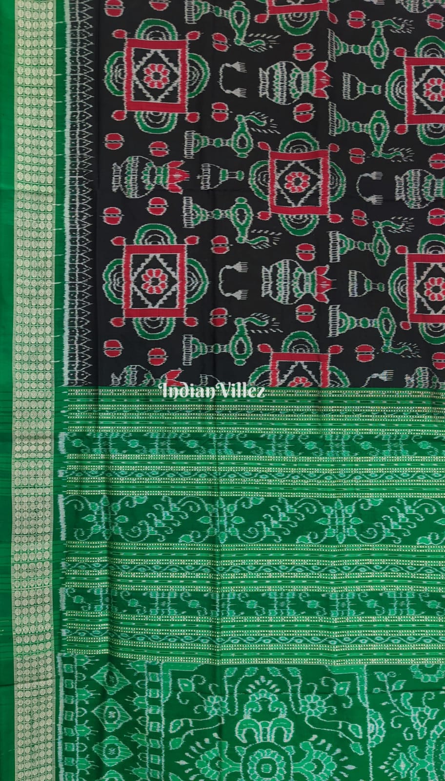 Black Green Kumbha Design With Patli Exclusive Sambalpuri Ikat Silk Saree