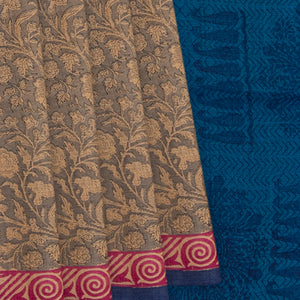 Beige Handwoven Printed Tussar Silk Saree With Vine Motifs & Contrast Blue Pallu-Beige