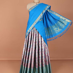 Blue  floral vine design art-silk half saree, contrast traditional zari border,zari design blouse & intricate dhavani