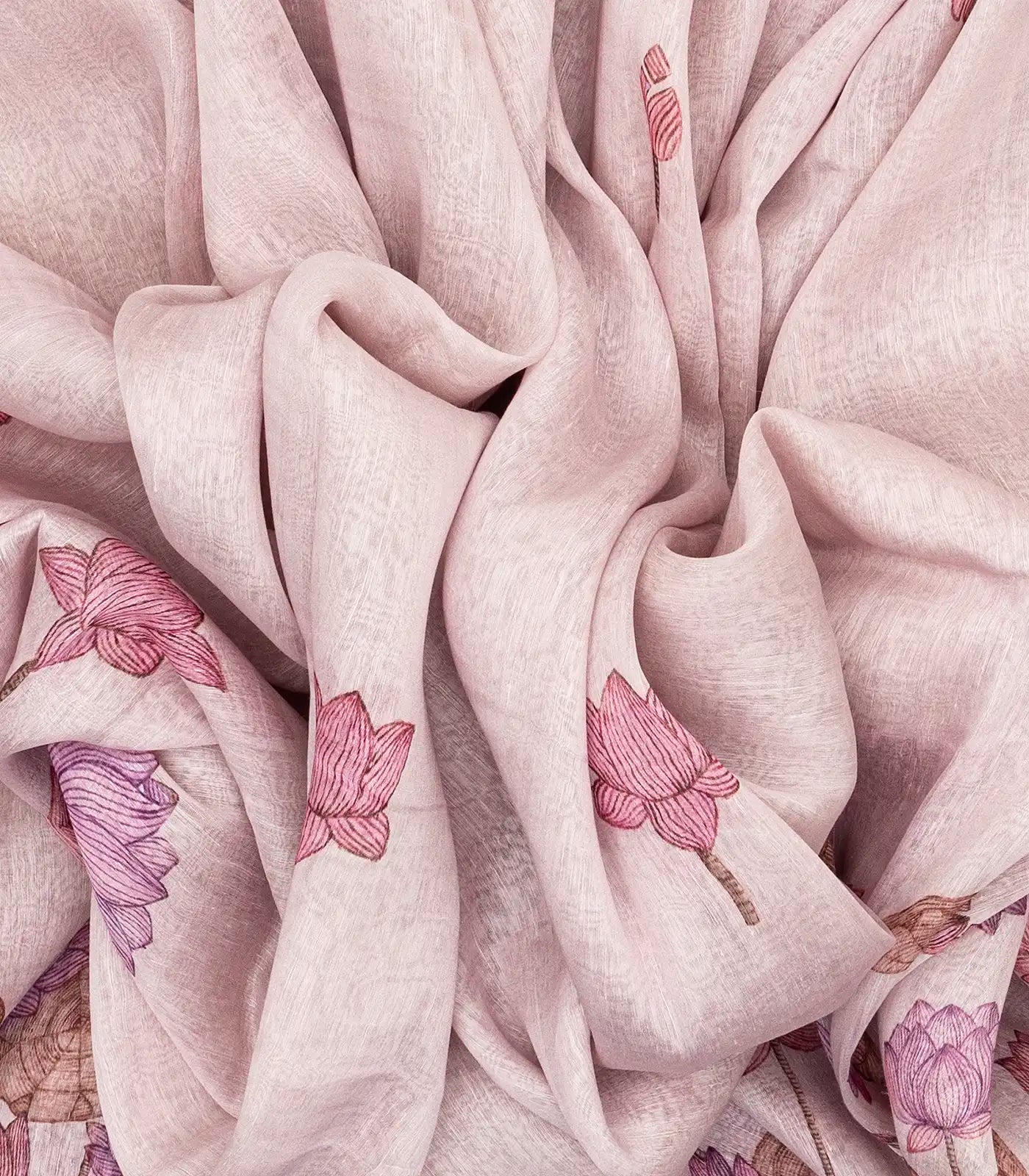 Taupe Handwoven Linen Saree Printed With Floral Motifs