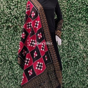 Red Black Odisha Ikat Pasapali Theme Cotton Dupatta