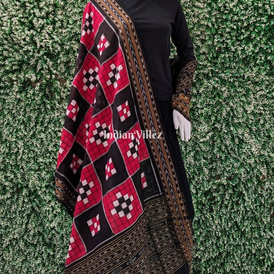 Red Black Odisha Ikat Pasapali Theme Cotton Dupatta