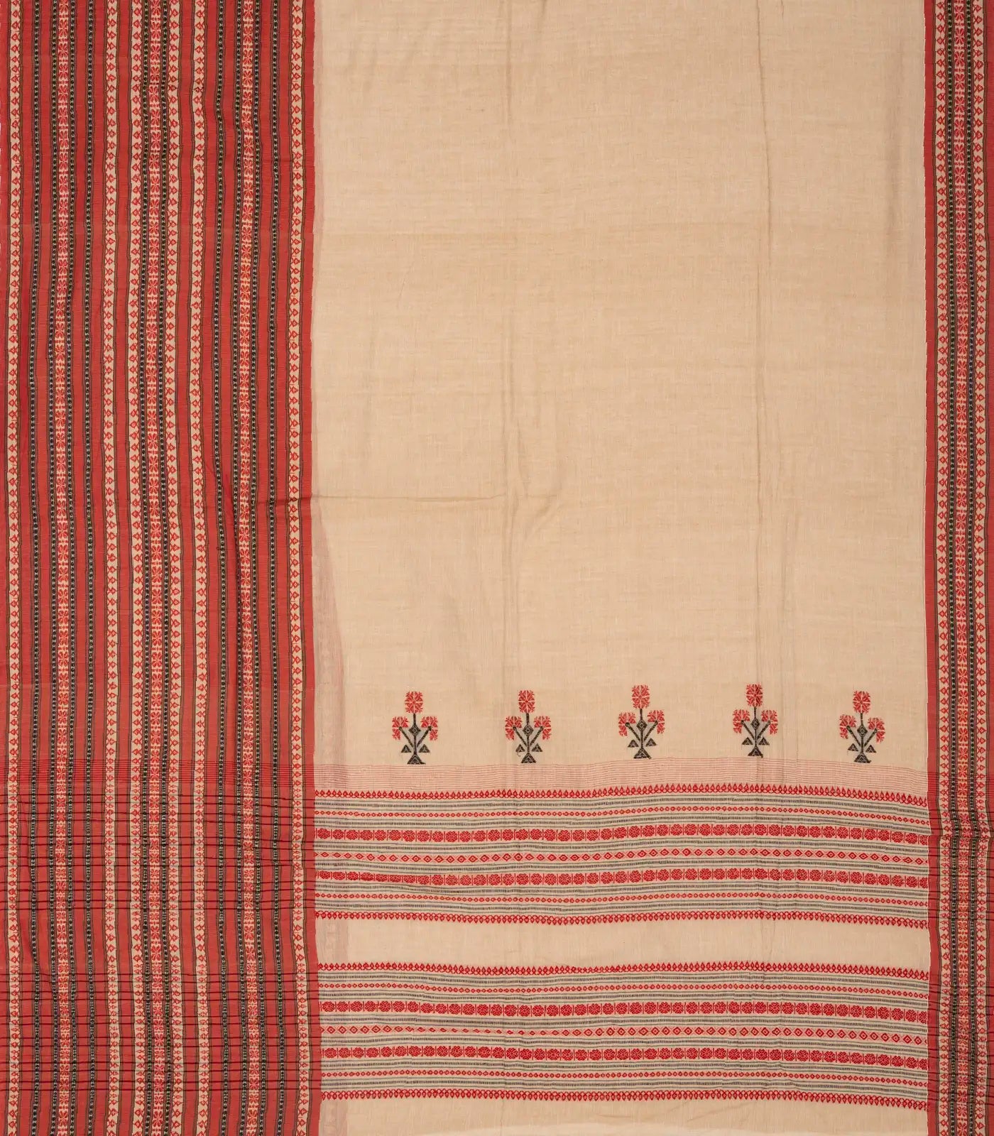 Beige Handloom Bengal Cotton Saree With Contrast Border