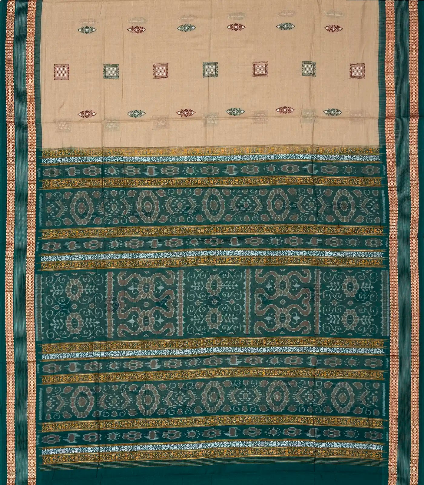 Beige Handwoven Orissa Cotton Saree With Floral Motif Buttas