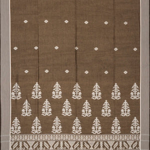 Dark Olive Handloom Bengal Cotton Saree With Floral Motifs