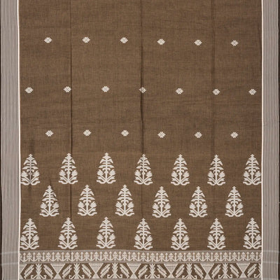 Dark Olive Handloom Bengal Cotton Saree With Floral Motifs