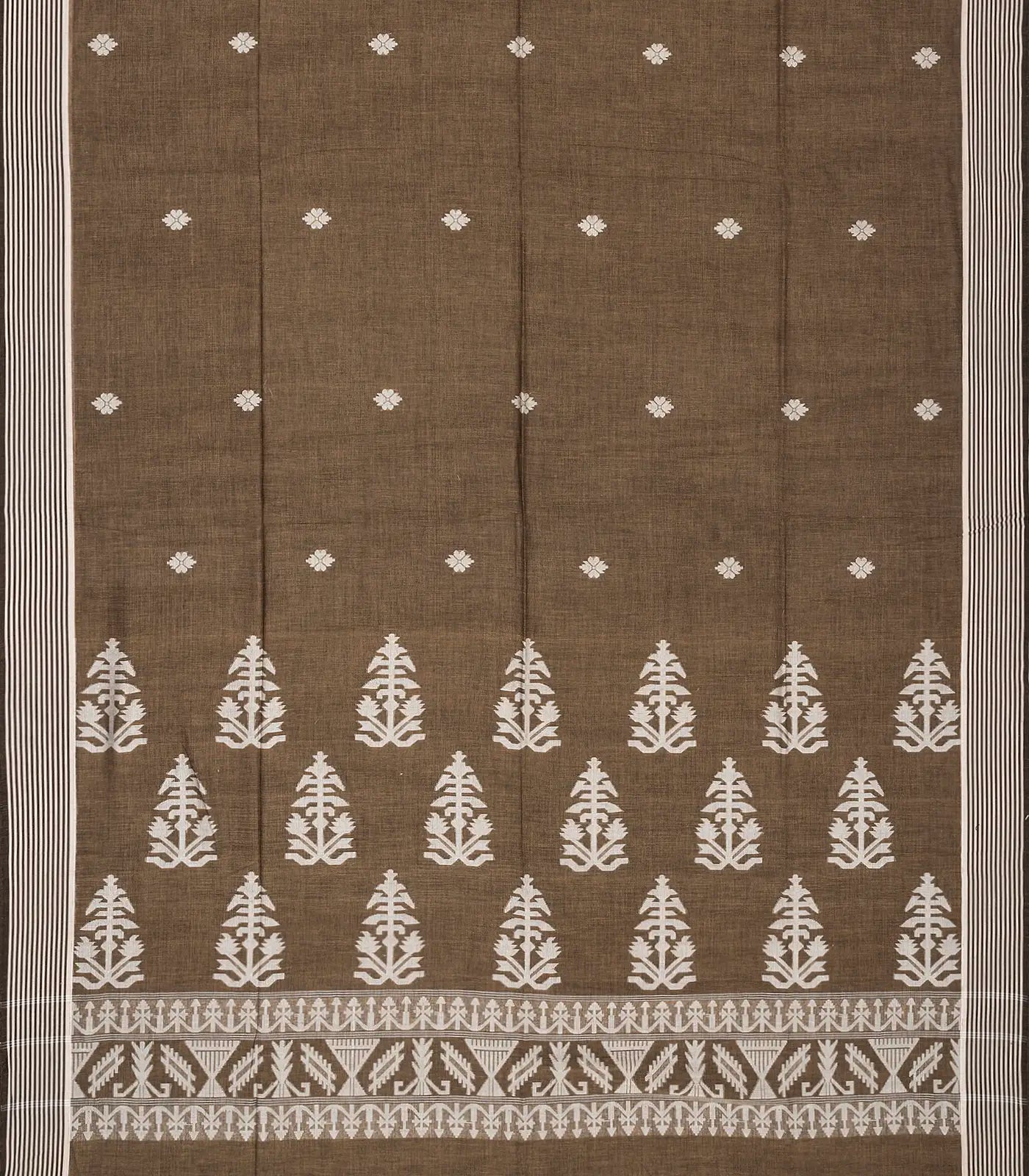 Dark Olive Handloom Bengal Cotton Saree With Floral Motifs
