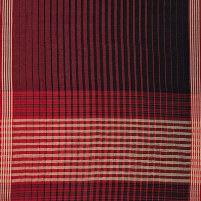 Maroon Handloom Bengal Cotton Saree With Black Stripes