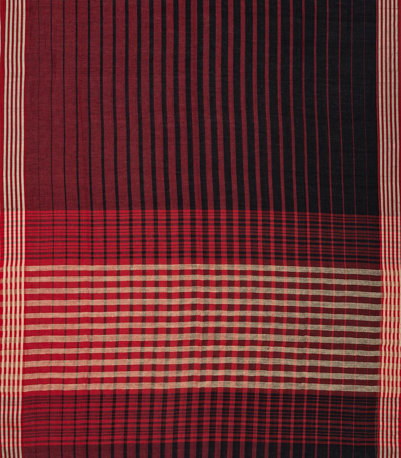 Maroon Handloom Bengal Cotton Saree With Black Stripes
