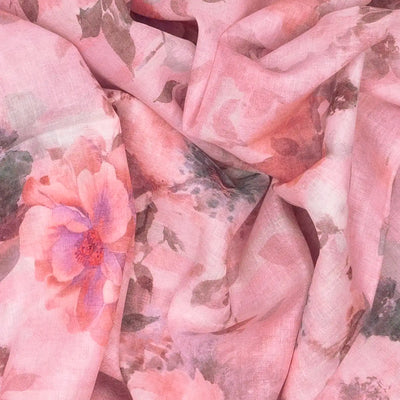 Pink Handloom Linen Saree With Printed Flowers