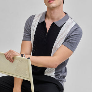Black Colourblocked Zipper Polo T-Shirt