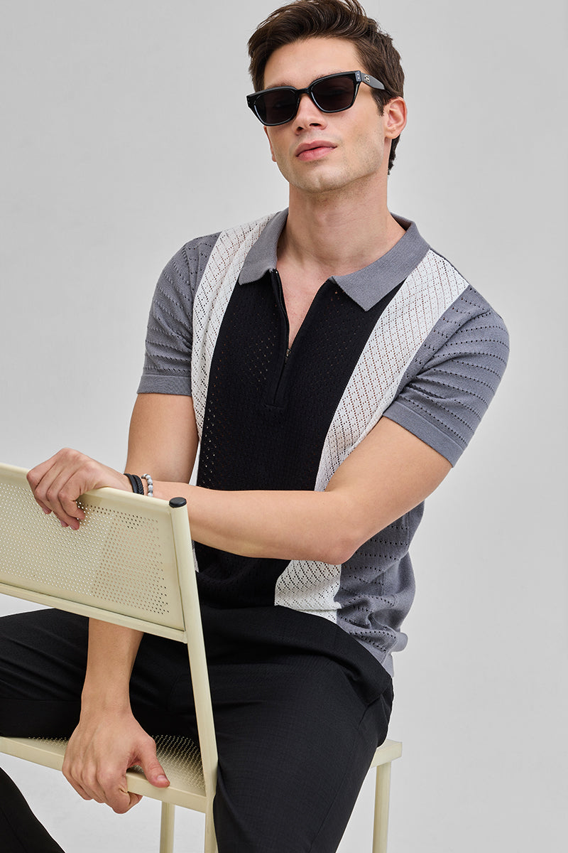 Black Colourblocked Zipper Polo T-Shirt