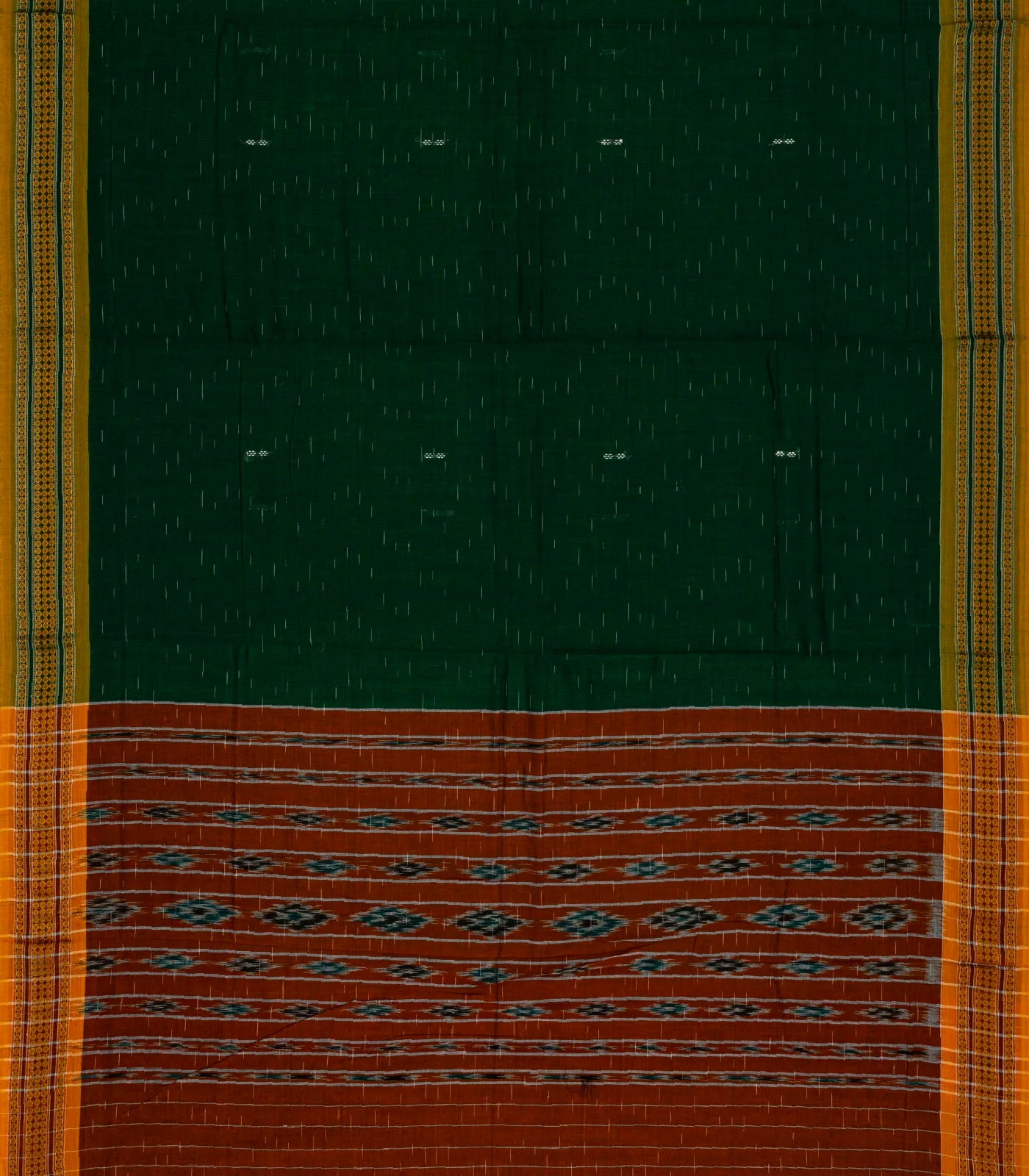 Dark Green Orissa Cotton Saree With Stripes & Buttas