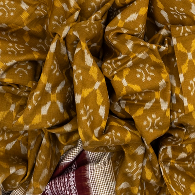 Mustard Handloom Orissa Cotton Saree With Tie & Dye Jaal Motifs