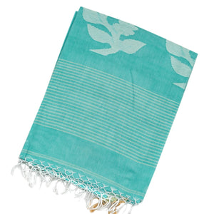 Turquoise Handloom Bengal Cotton Saree With Plus Buttas