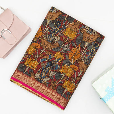 Red Handloom Tussar Silk Saree Printed & Embroidered Motifs