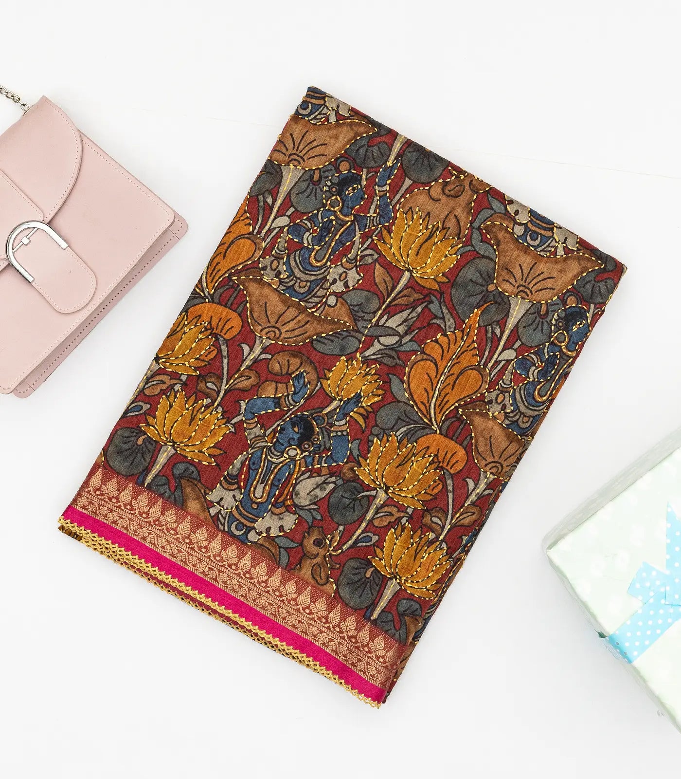 Red Handloom Tussar Silk Saree Printed & Embroidered Motifs