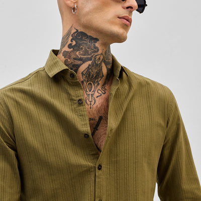 Olive Slim Fit Stripes Shirt
