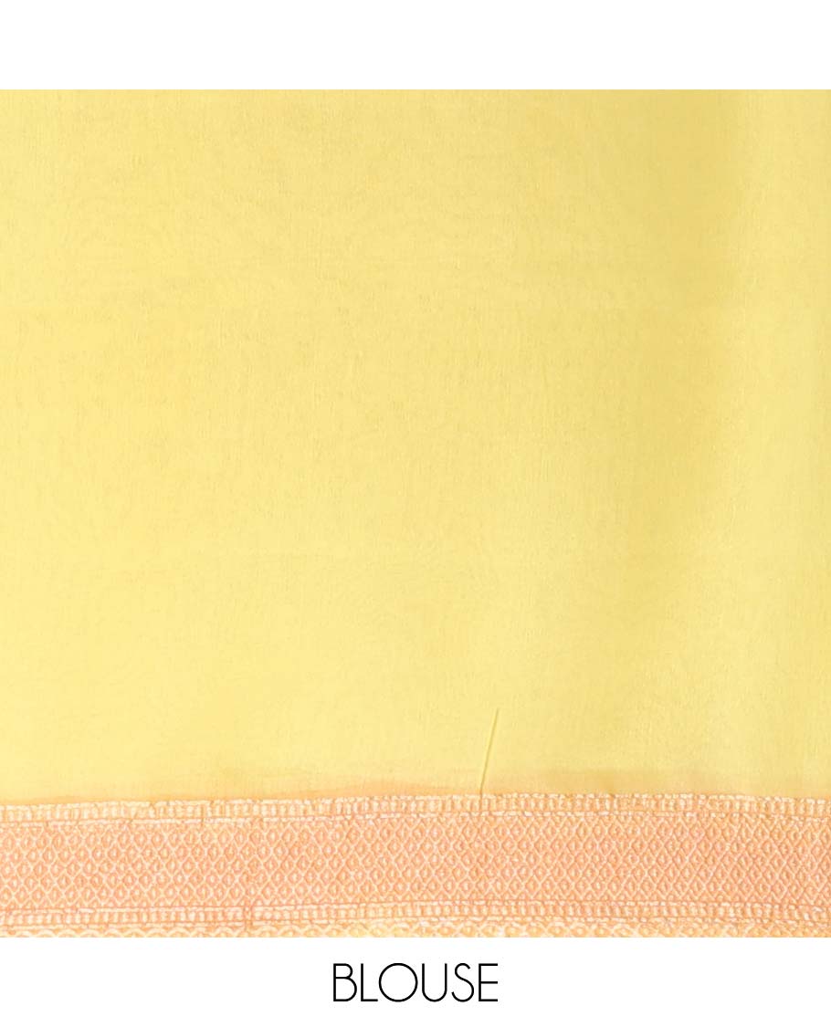 Yellow zig-zag striped banaras georgette saree with contrast border & geometric design pallu