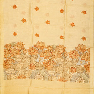 Sandal Handwoven Linen Saree With Printed Flower Motifs