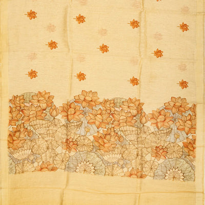Sandal Handwoven Linen Saree With Printed Flower Motifs