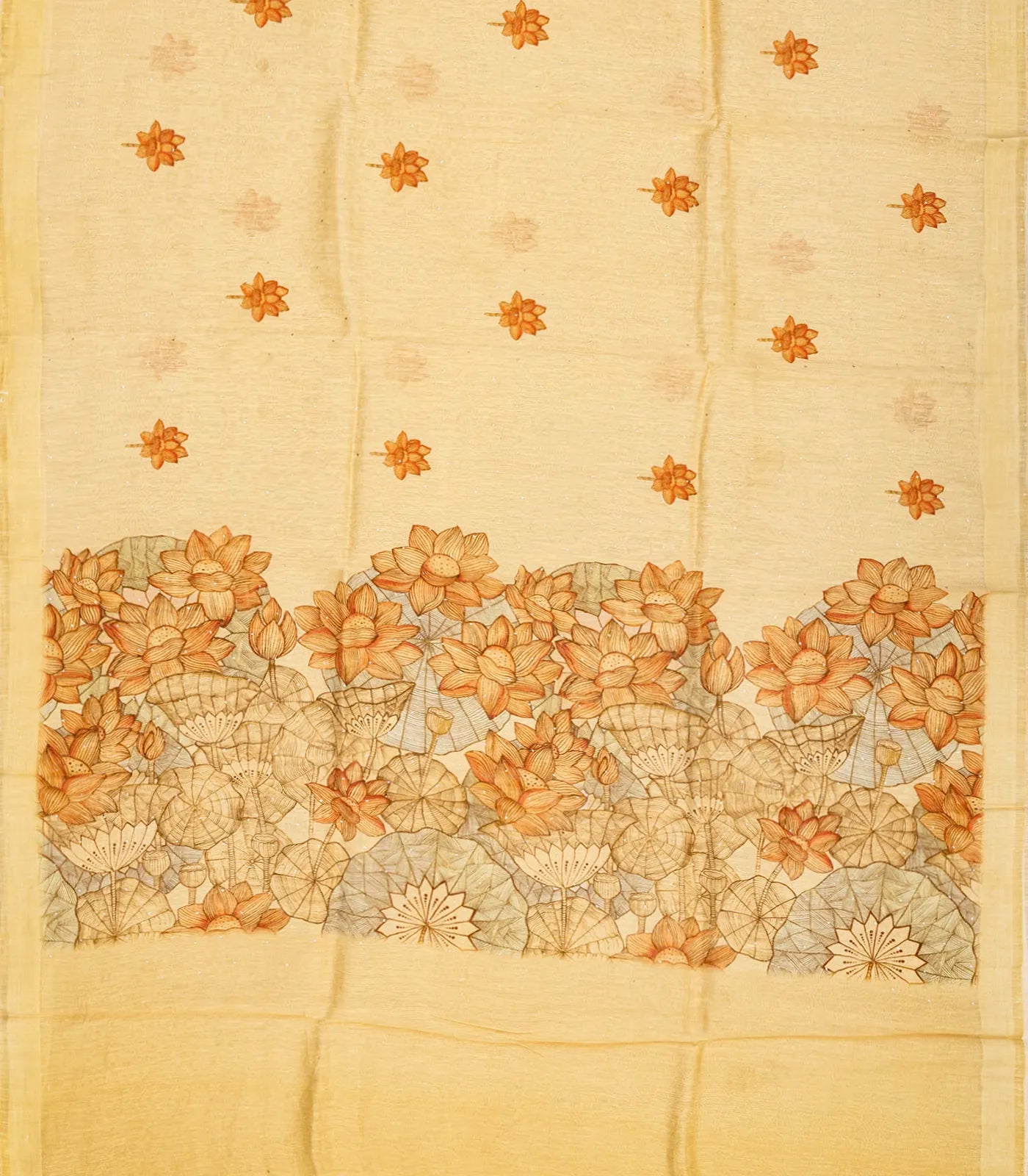Sandal Handwoven Linen Saree With Printed Flower Motifs
