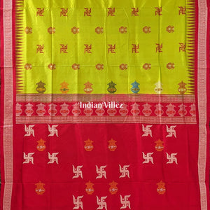 Lime Green & Red Swastik & Kumbha Design Sambalpuri Saree