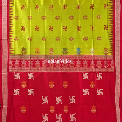 Lime Green & Red Swastik & Kumbha Design Sambalpuri Saree