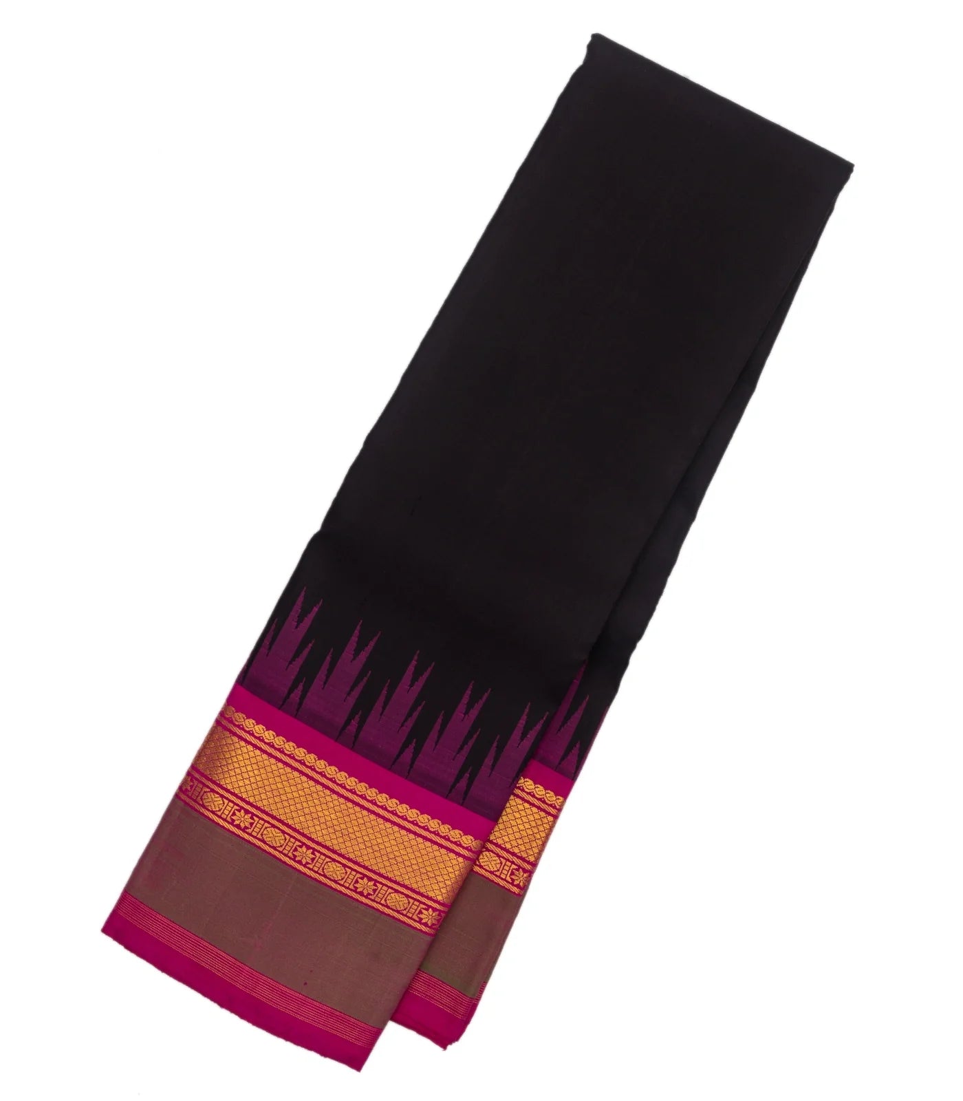 Black Handloom Kanchipuram Korvai Silk Saree With Contrast Pink Border