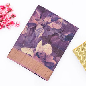 Lilac Handloom Tussar Silk Saree Printed With Floral Motifs & Zari Border